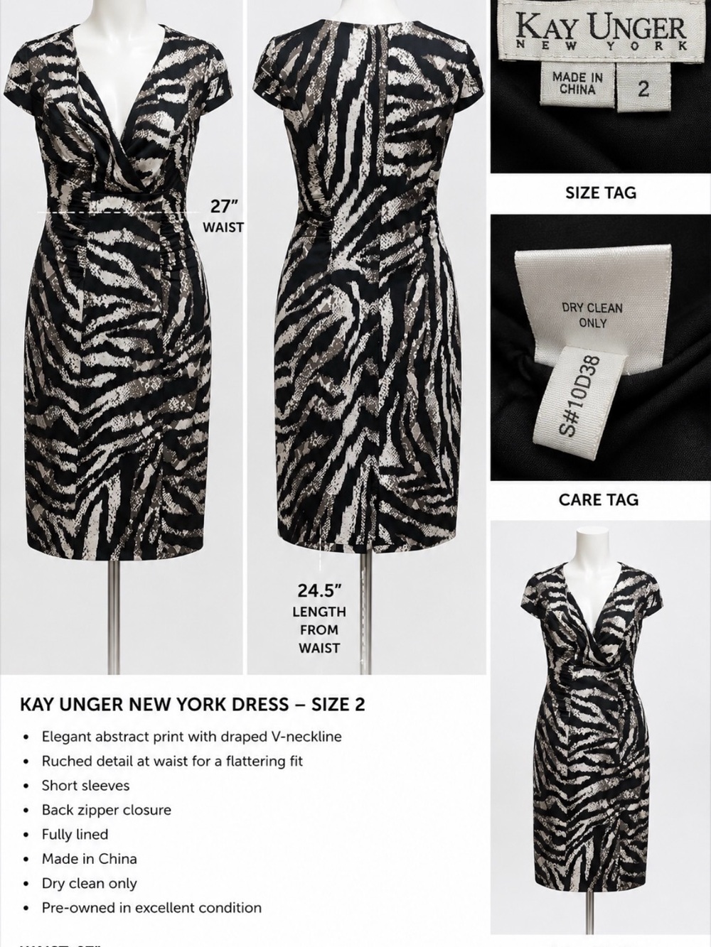 Kay Unger Black and White Abstract V-Neck Sheath Dress